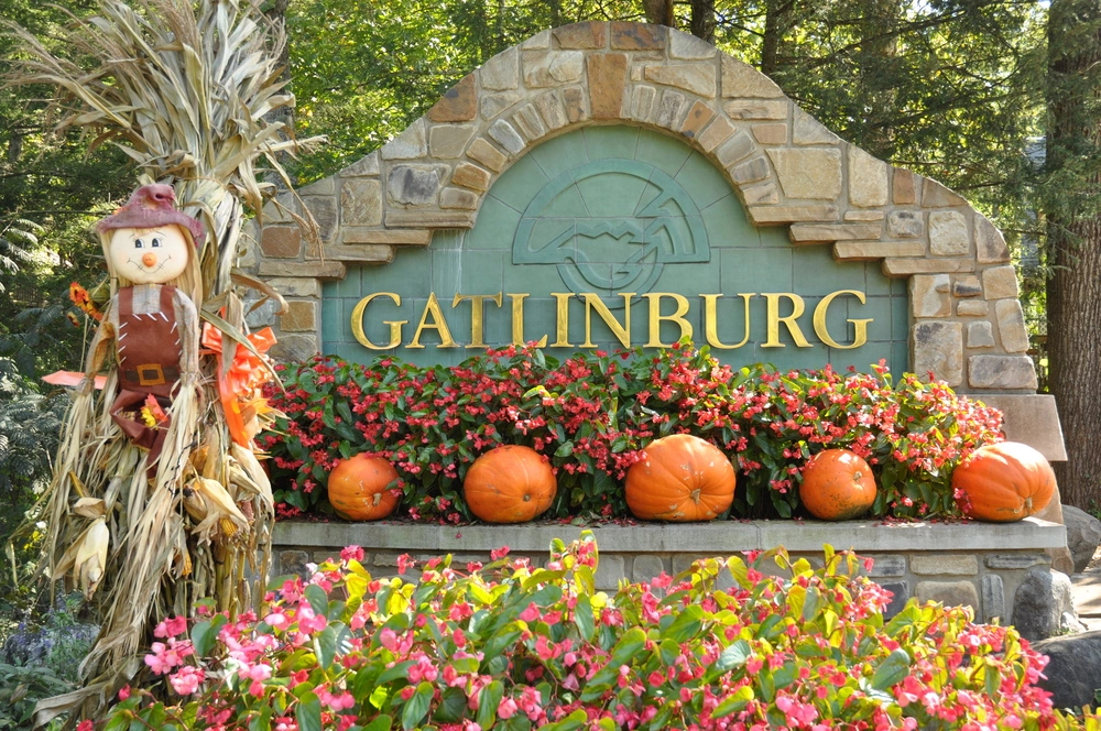 Gatlinburg sign with fall decor